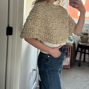 Wool Blend Beige Hand Knit Asymmetrical Shawl Poncho